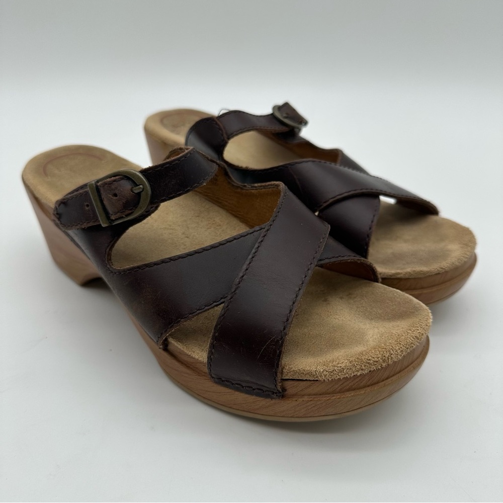 Dansko Dark Brown Leather 3 Strap Slide on Sandals